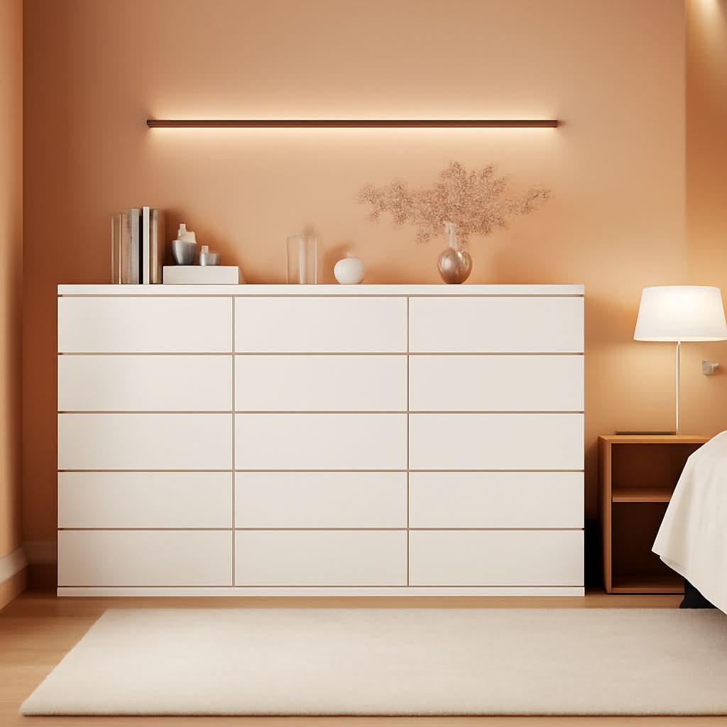 White Wooden 6 Drawer Bedroom Dresser With Sliding Rails