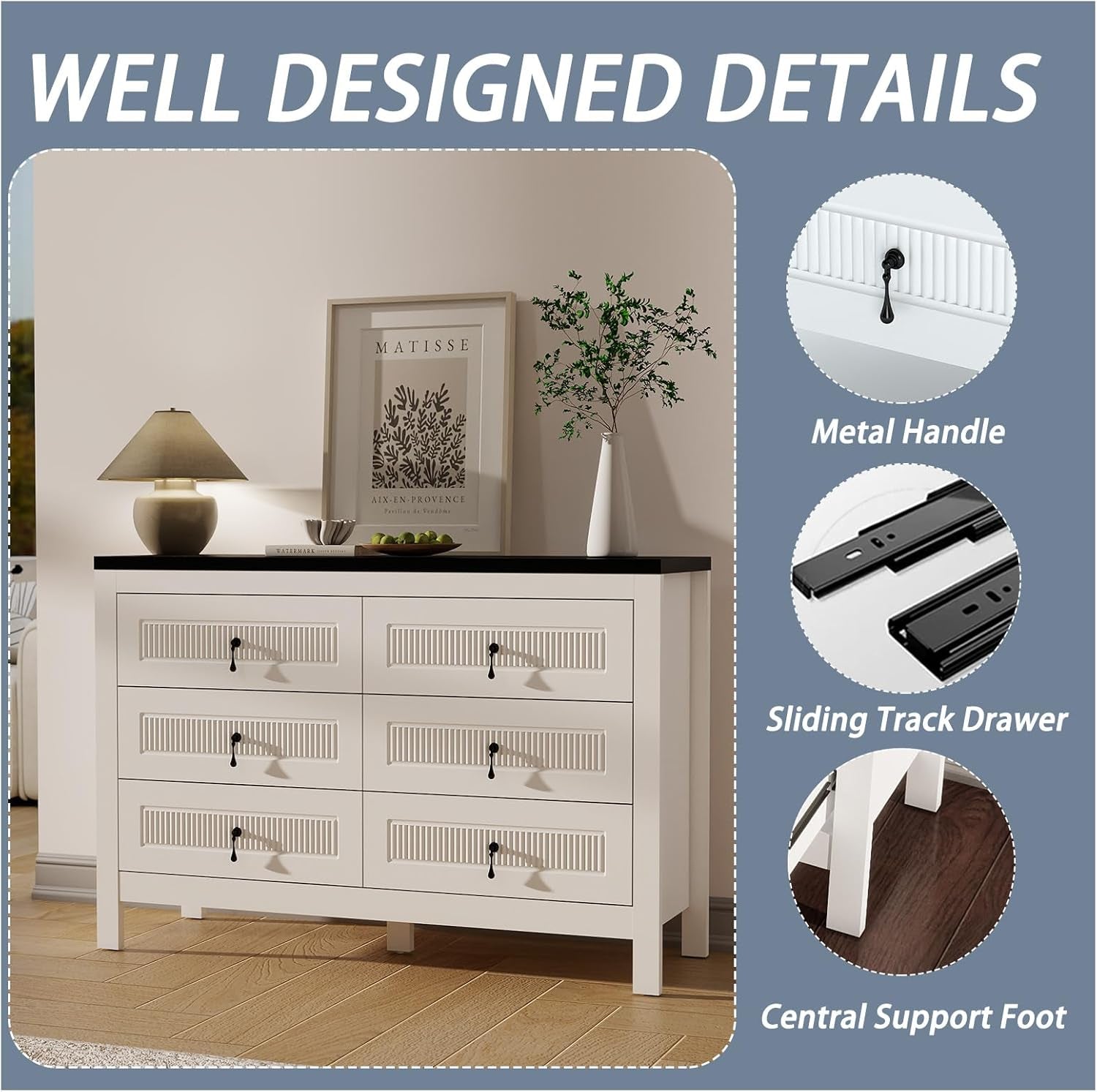White 47 Inch Dresser For Bedroom Storage Organization