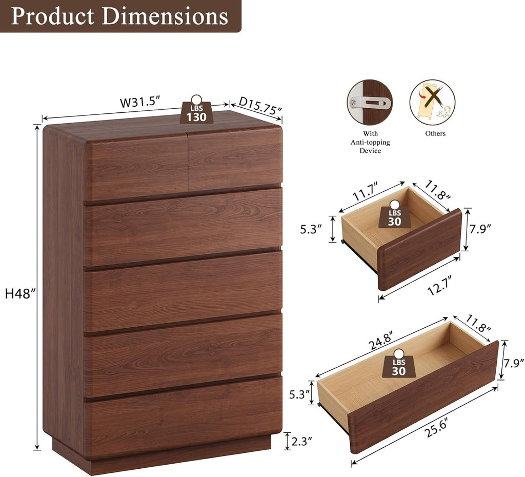 Walnut Six Drawer Dresser With Contemporary Profile