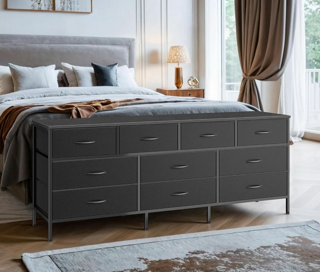 63 Inch TV Stand Dresser With 10 Fabric Drawers Black