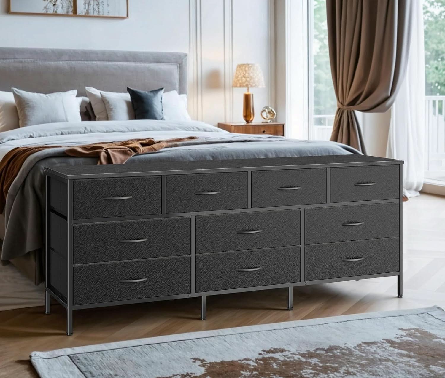 63 Inch TV Stand Dresser With 10 Fabric Drawers Black