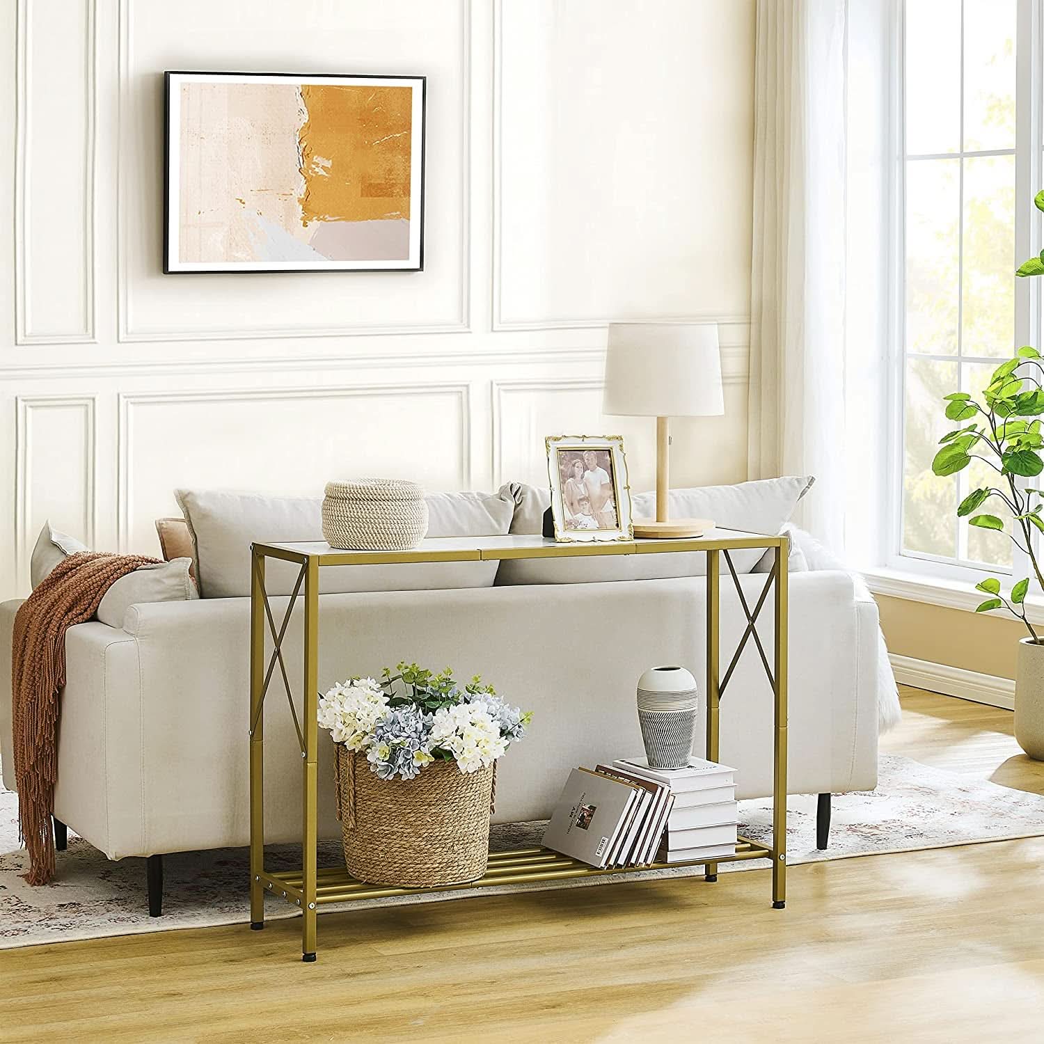 Gold And White Narrow Console Table With Shelves 41 Inch Long