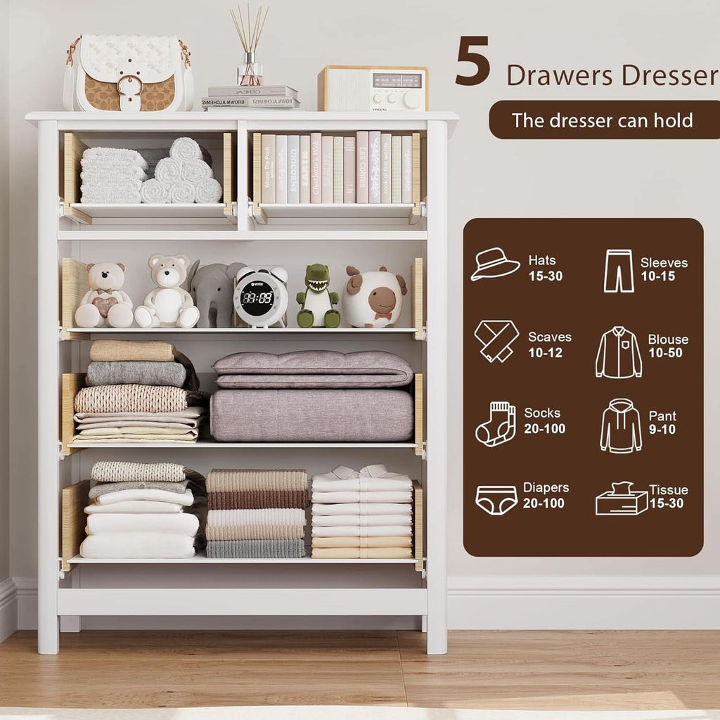 White Five Drawer Dresser For Bedroom Organization