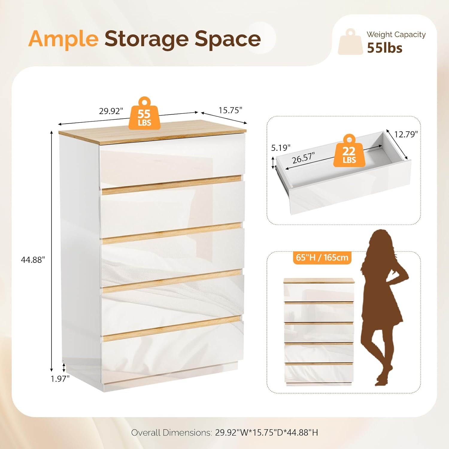 5 Drawer White Brown Ultra Gloss Finish Dresser Bedroom