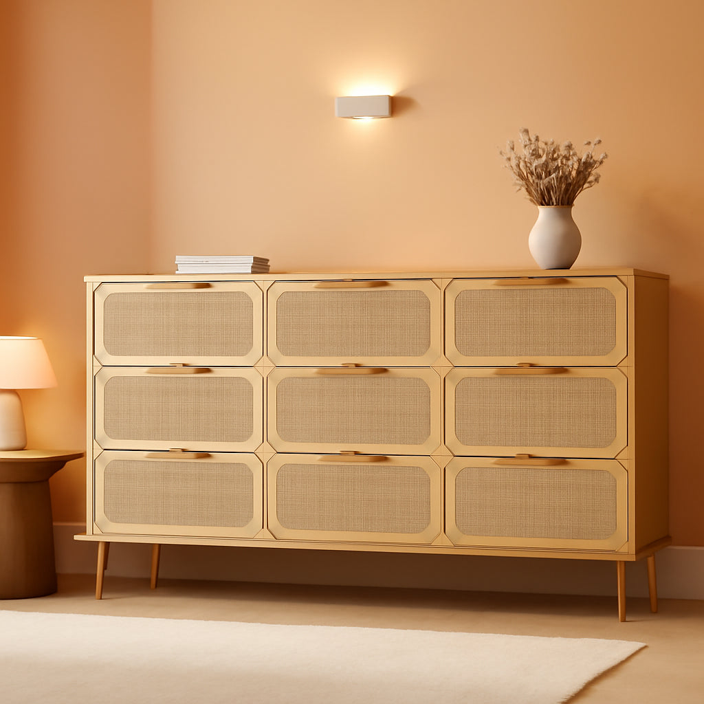 Rattan Nine Drawer Dresser For Bedroom Organization