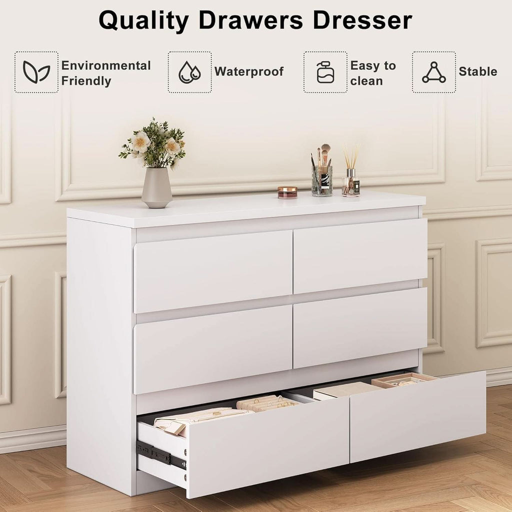 White Modern Six Drawer Dresser For Bedroom Storage