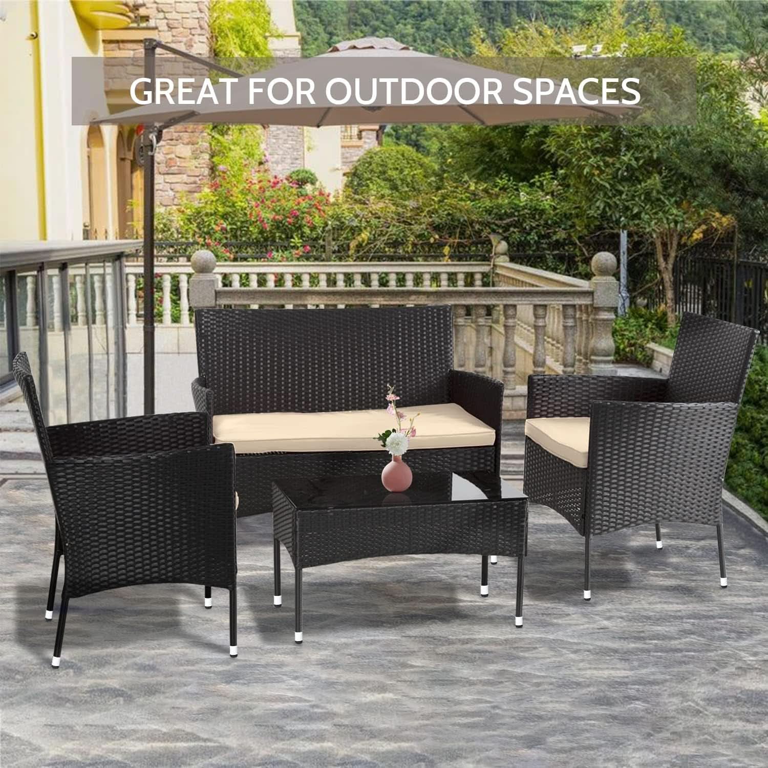 Outdoor Rattan 4 Piece Patio Furniture Conversation Set