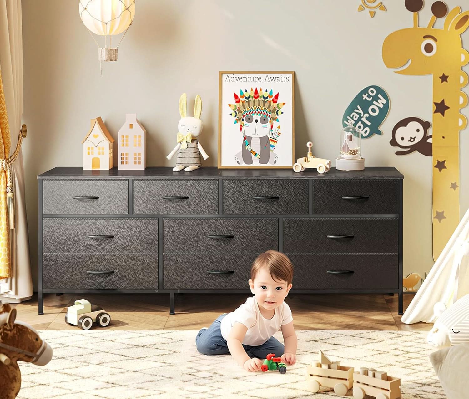 63 Inch TV Stand Dresser With 10 Fabric Drawers Black