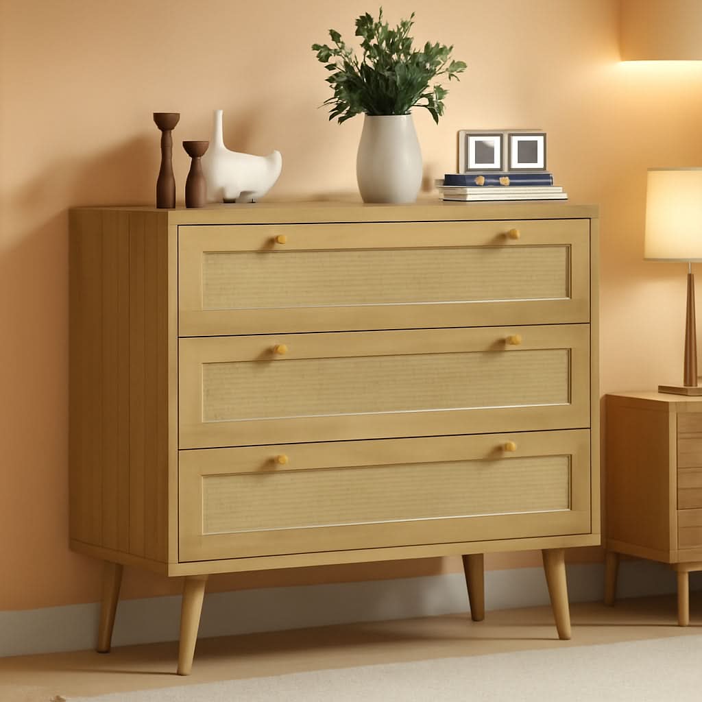 Space-Saving 3-Drawer Rattan Dresser For Bedroom Storage