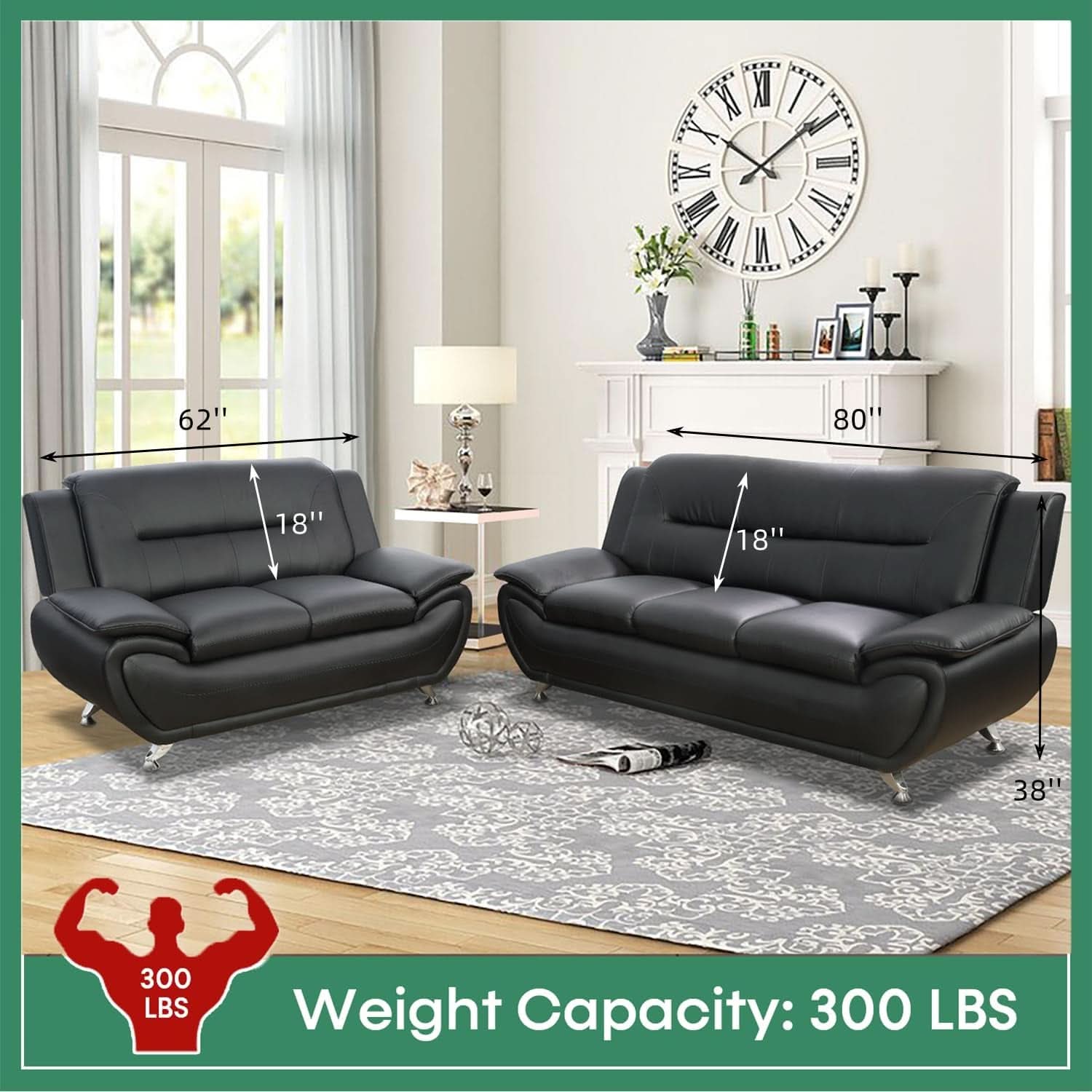 Leather Sofa Set 3 Piece Black Living Room Furniture