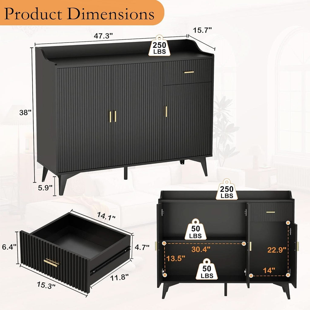 Black 47In Sideboard Cabinet For Dining Room Storage
