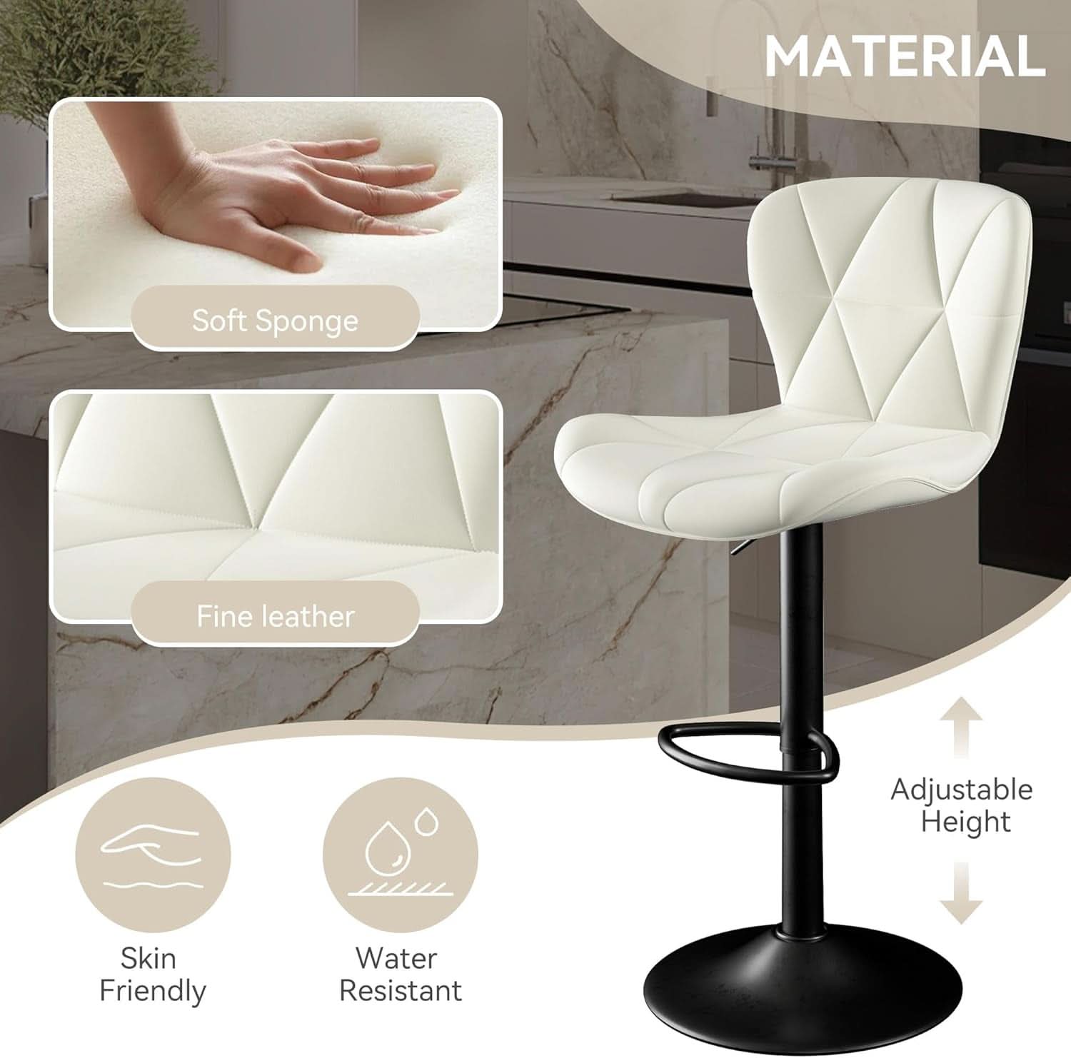 Adjustable Swivel Bar Stools Set Of 2 White Faux Leather