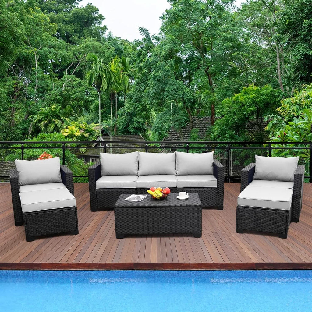 Six Piece Outdoor Wicker Furniture Set With Grey Cushions