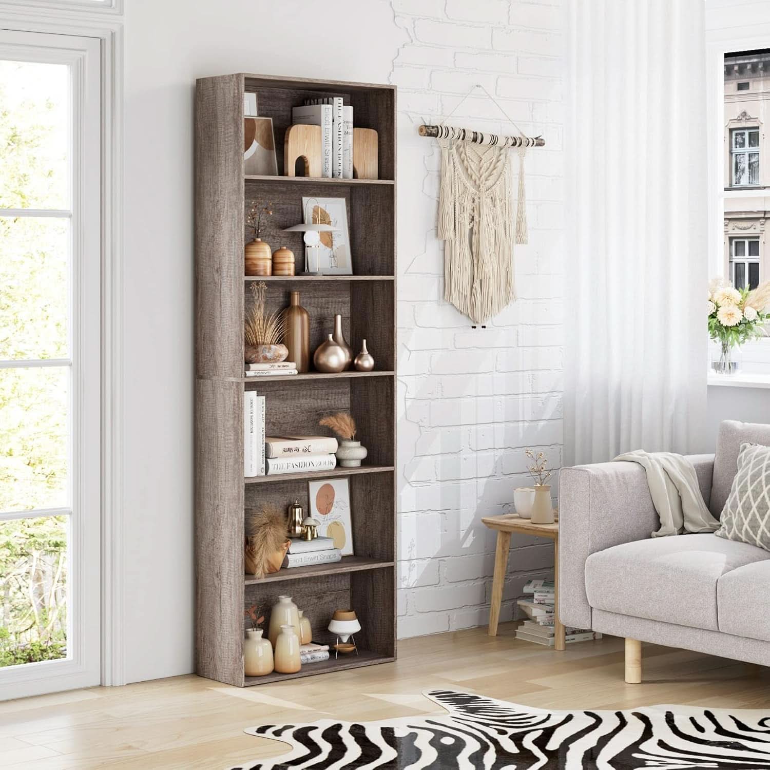 6 Tier Open Bookcase Gray Freestanding For Bedroom Space