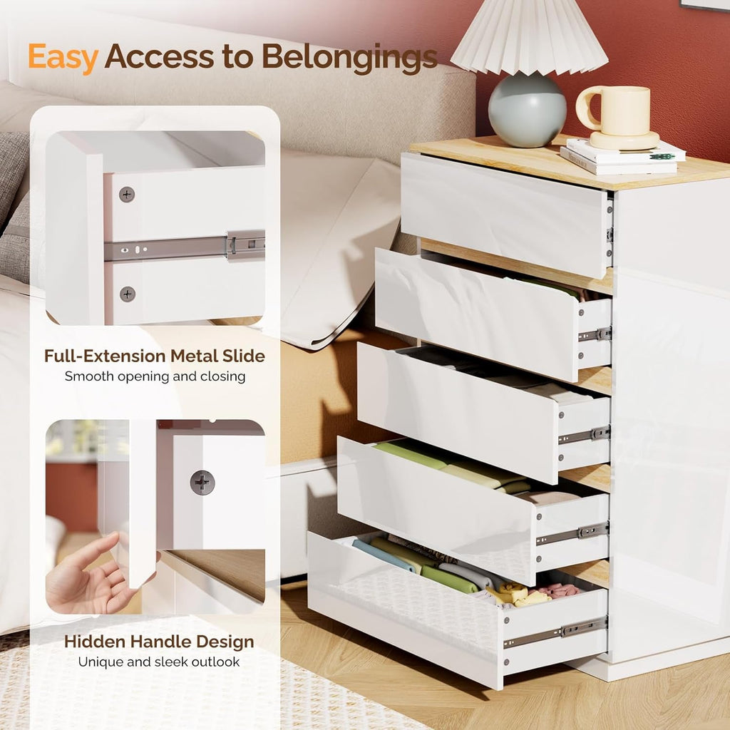 5 Drawer White Brown Ultra Gloss Finish Dresser Bedroom