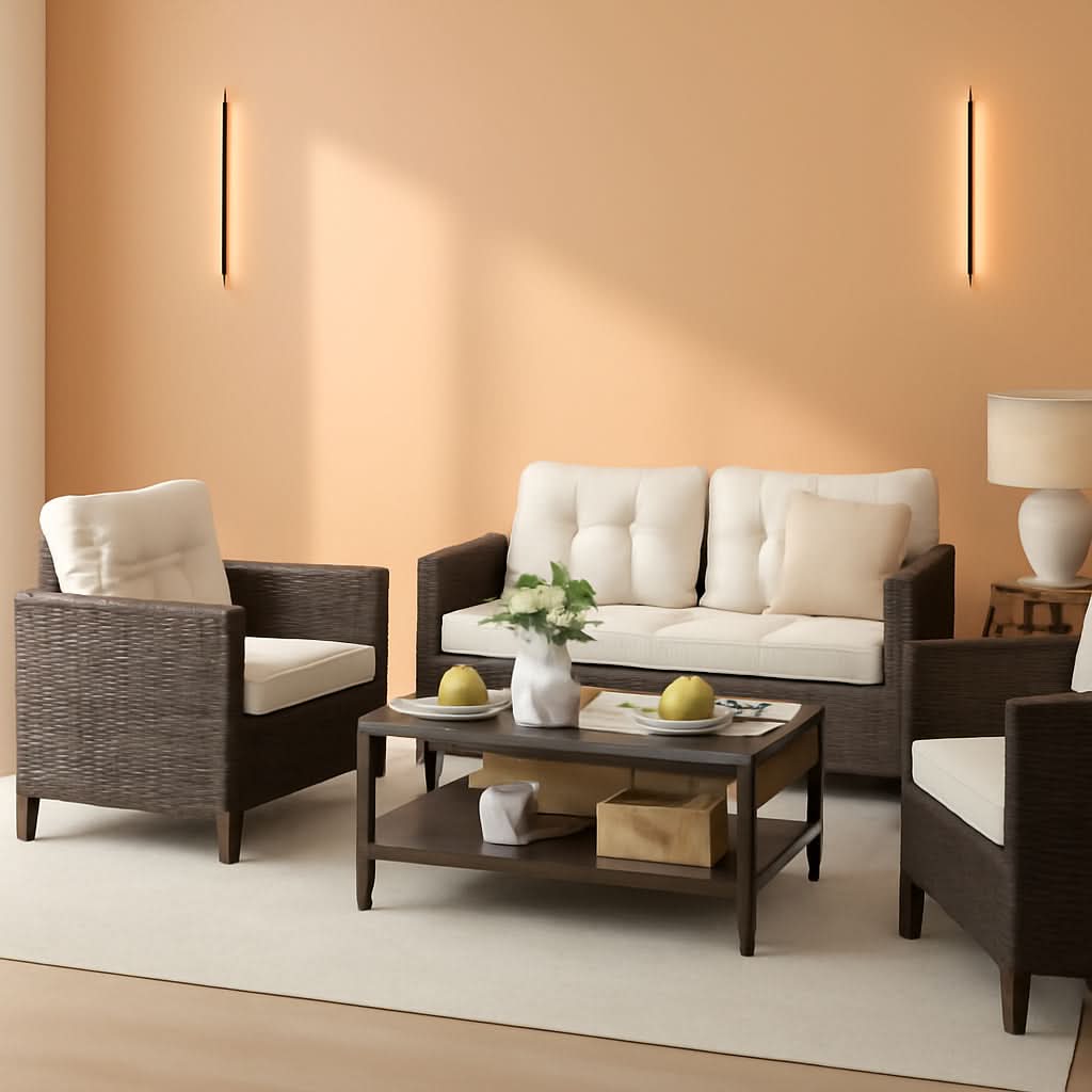 4 Piece Patio Rattan Furniture Set Beige Cushions Outdoor