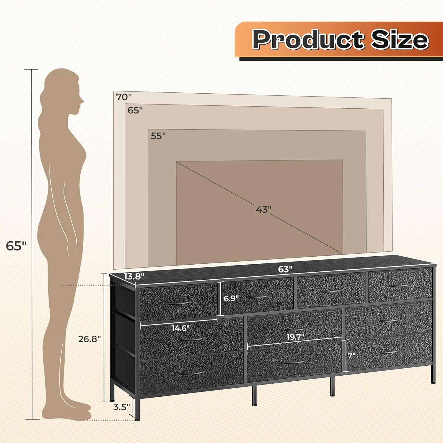 63 Inch TV Stand Dresser With 10 Fabric Drawers Black