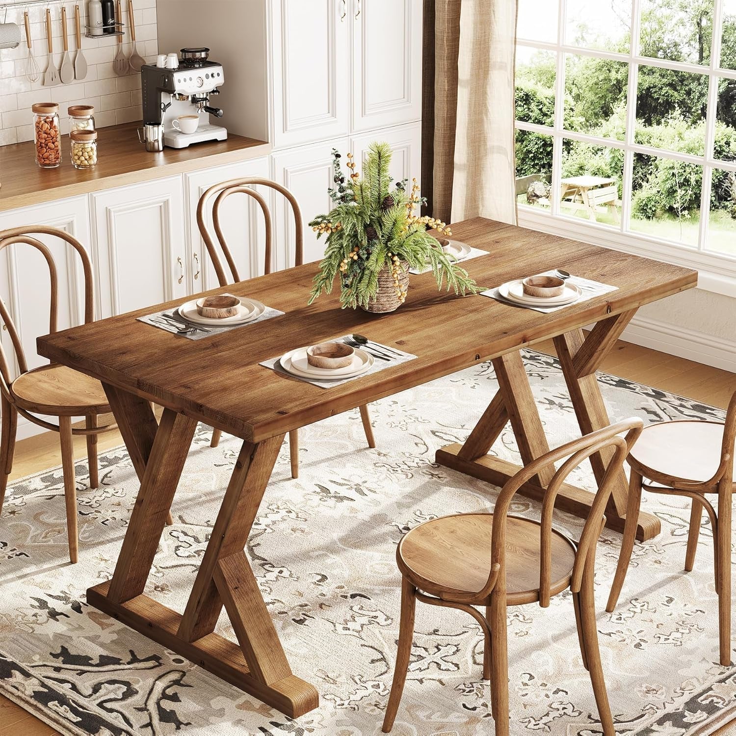 Solid Wood Rectangular Table 63 Inch Rustic Brown Finish