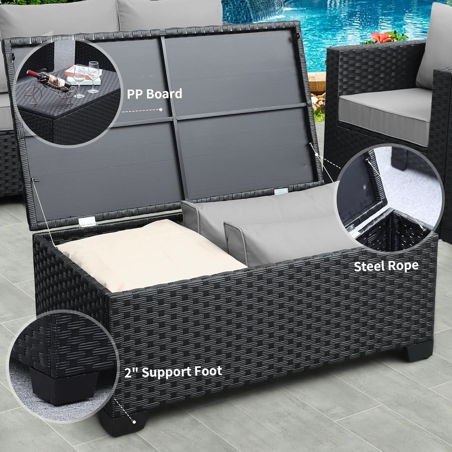 Six Piece Outdoor Wicker Furniture Set With Grey Cushions