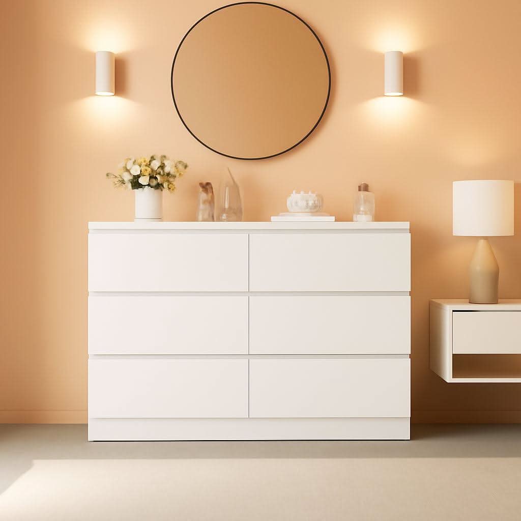 White Modern Six Drawer Dresser For Bedroom Storage