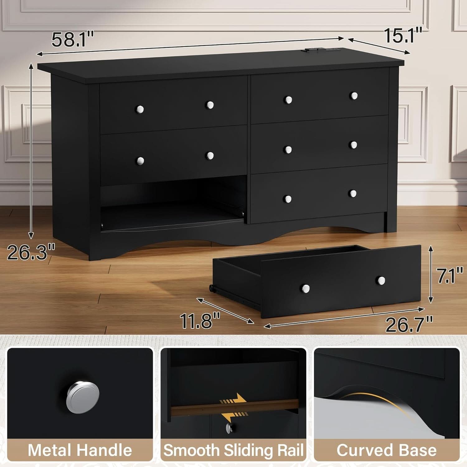 Matte Black 58 Inches Wooden Dresser Bedroom Console