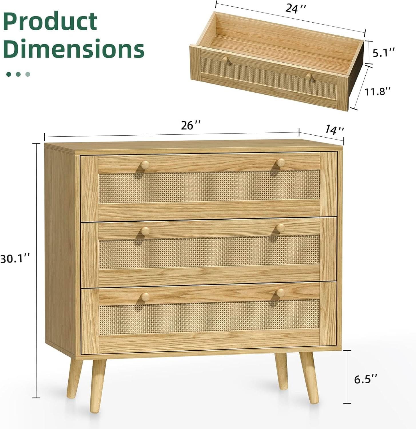 Space-Saving 3-Drawer Rattan Dresser For Bedroom Storage