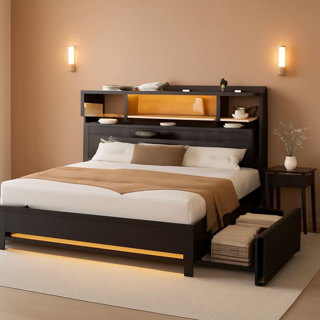 King Size Velvet Microfi ber Black Upholstered Bedroom Frame