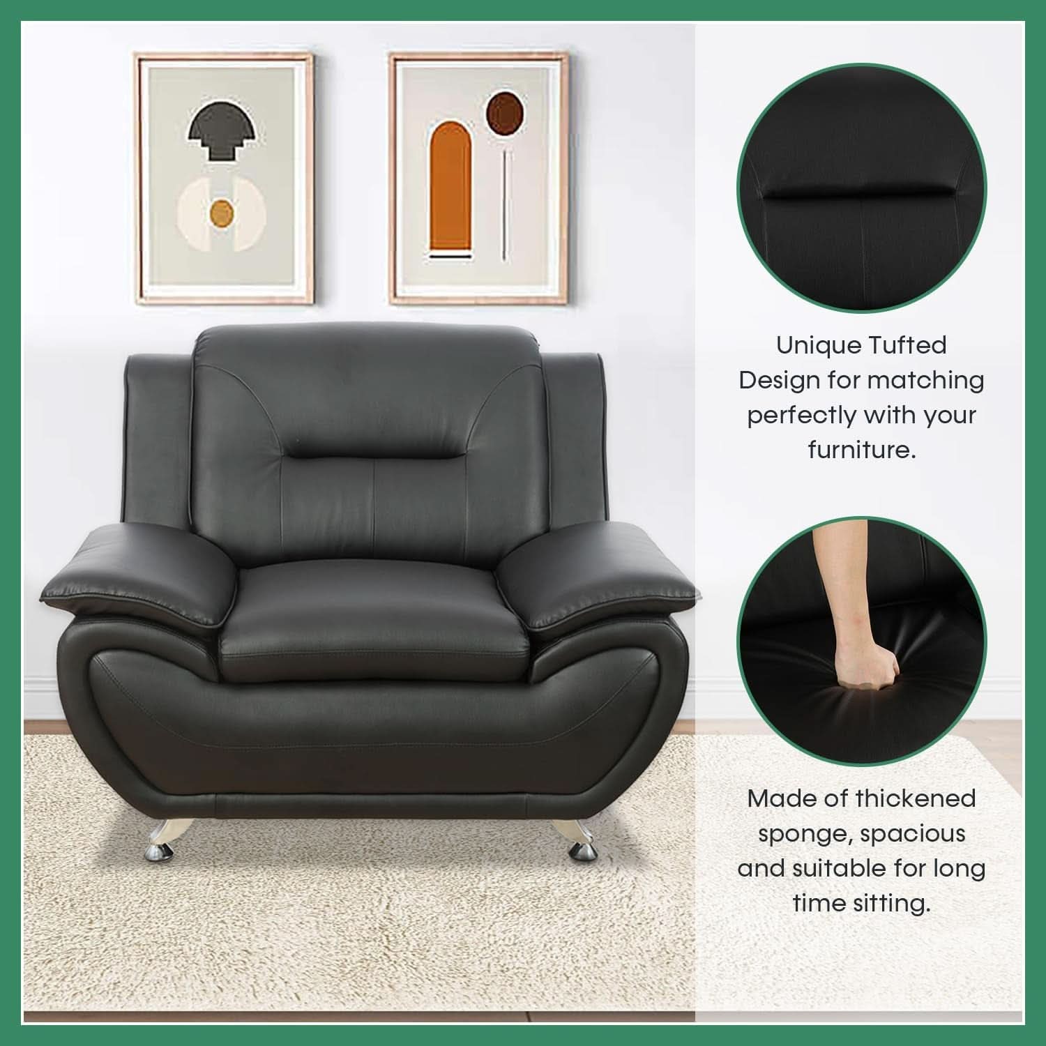 Leather Sofa Set 3 Piece Black Living Room Furniture