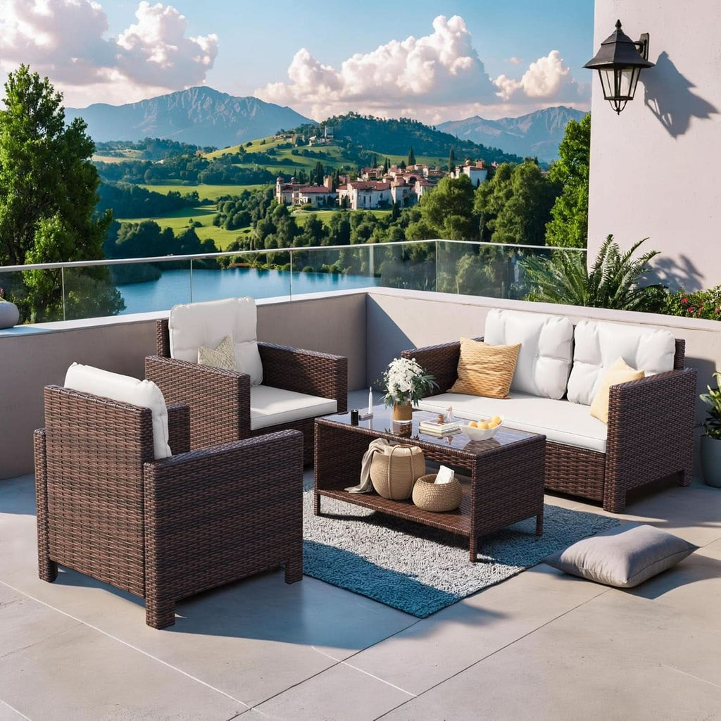 4 Piece Patio Rattan Furniture Set Beige Cushions Outdoor