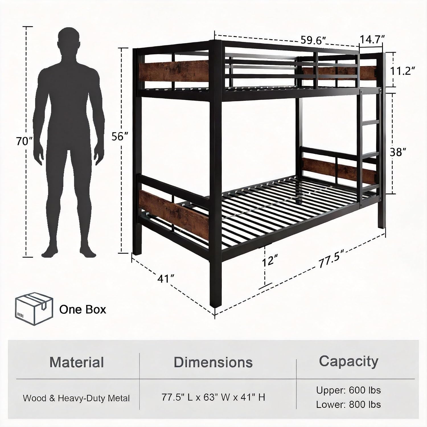 Twin Over Twin Metallic Bunk Bed Vintage Rustic Brown