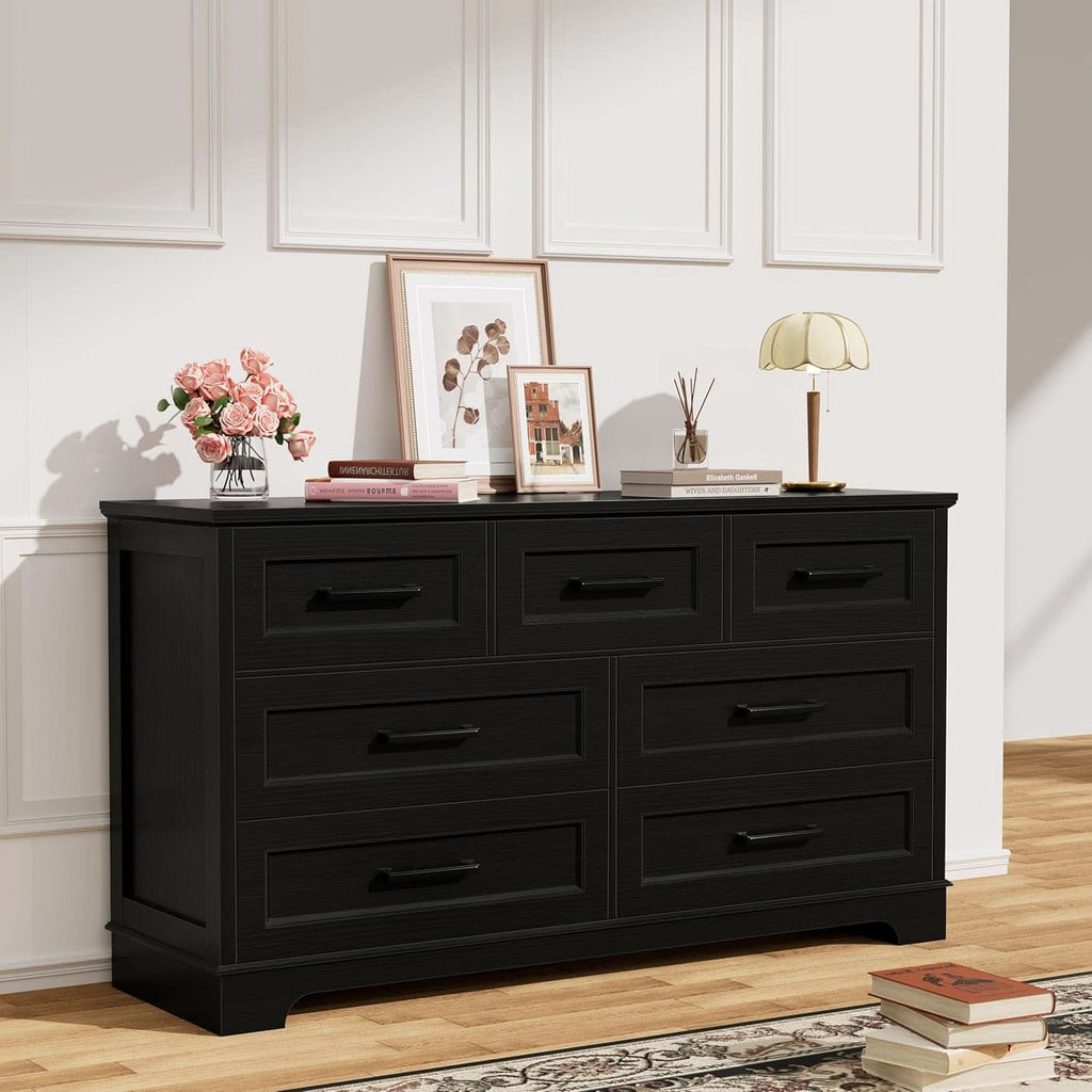 Seven Drawer Dresser For Bedroom Black Finish Storage