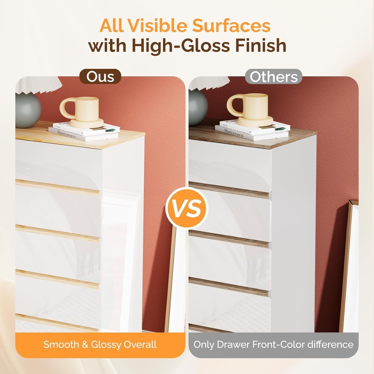 5 Drawer White Brown Ultra Gloss Finish Dresser Bedroom