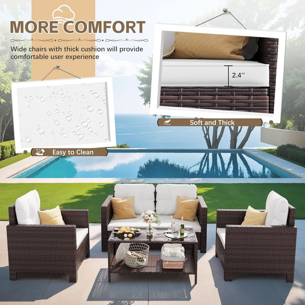 4 Piece Patio Rattan Furniture Set Beige Cushions Outdoor