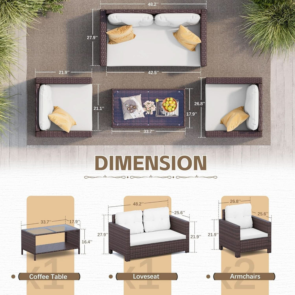 4 Piece Patio Rattan Furniture Set Beige Cushions Outdoor