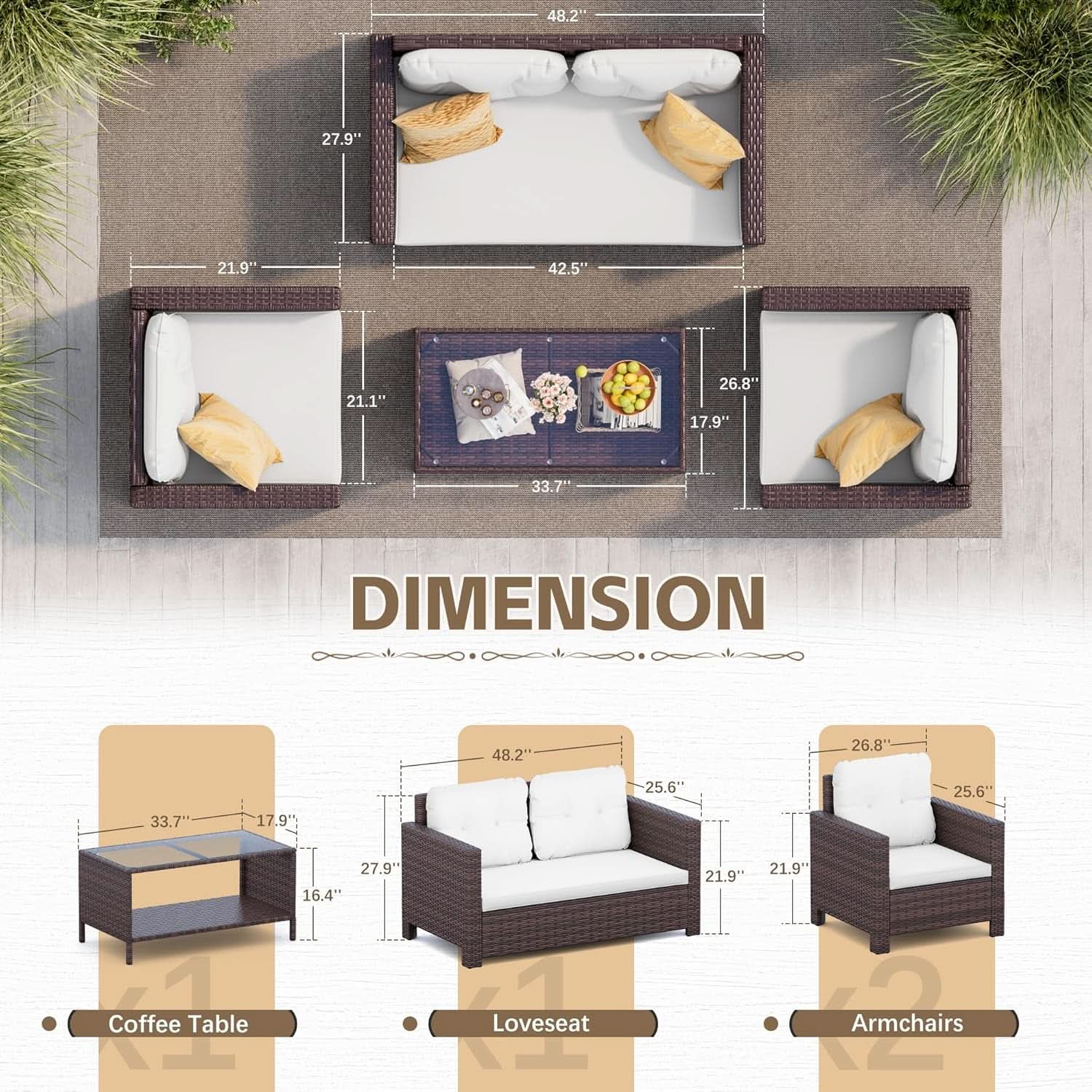 4 Piece Patio Rattan Furniture Set Beige Cushions Outdoor