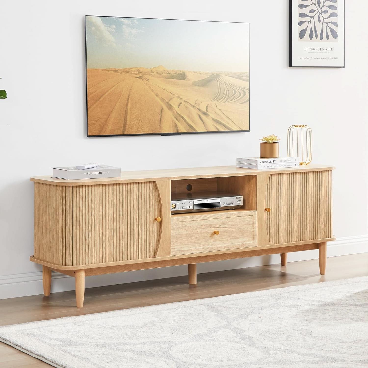 Natural Finish Entertainment Console With Sliding Door