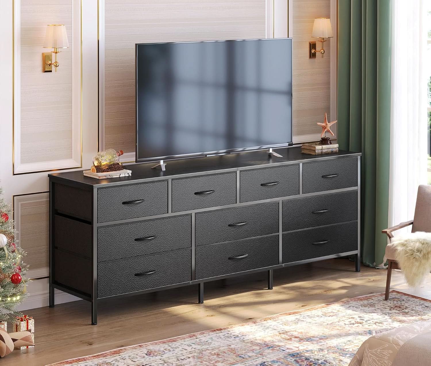 63 Inch TV Stand Dresser With 10 Fabric Drawers Black