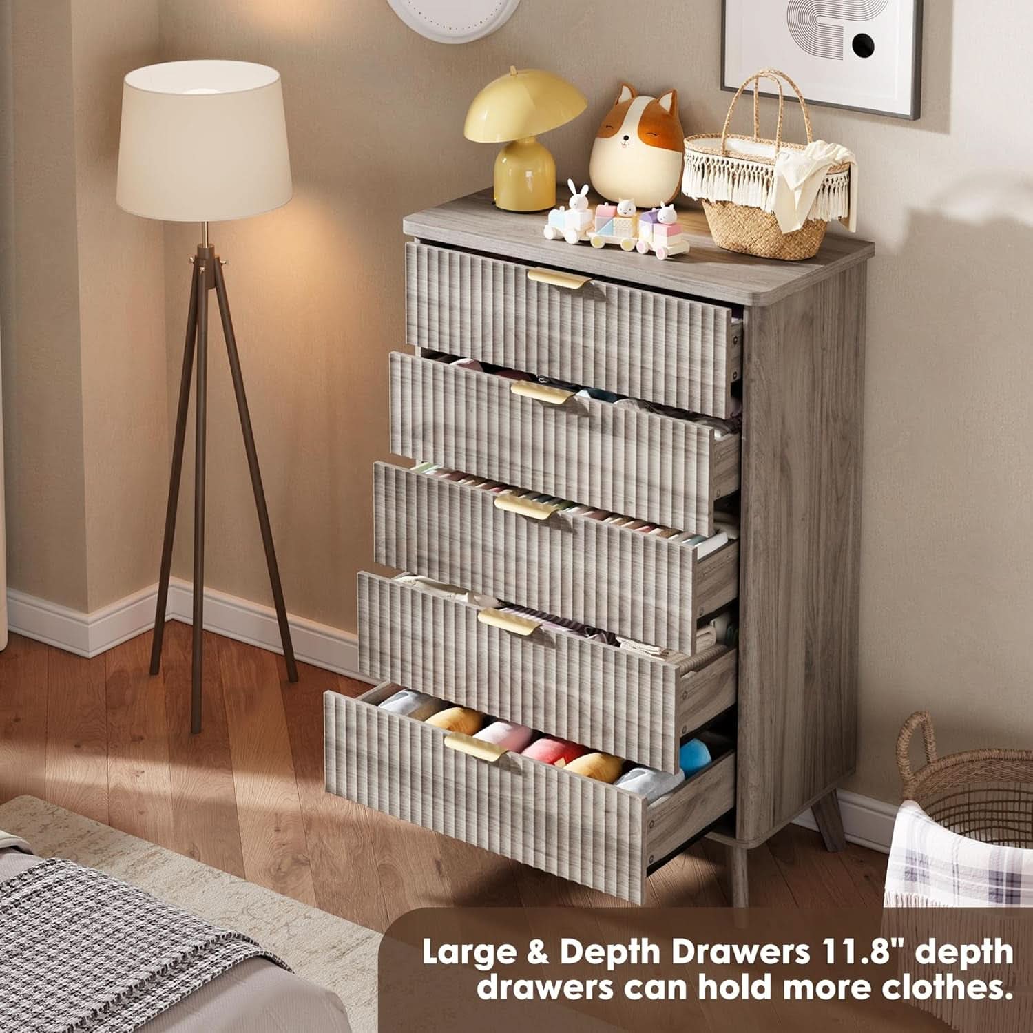 Grey Fluted Contemporary Five Drawer Bedroom Dresser