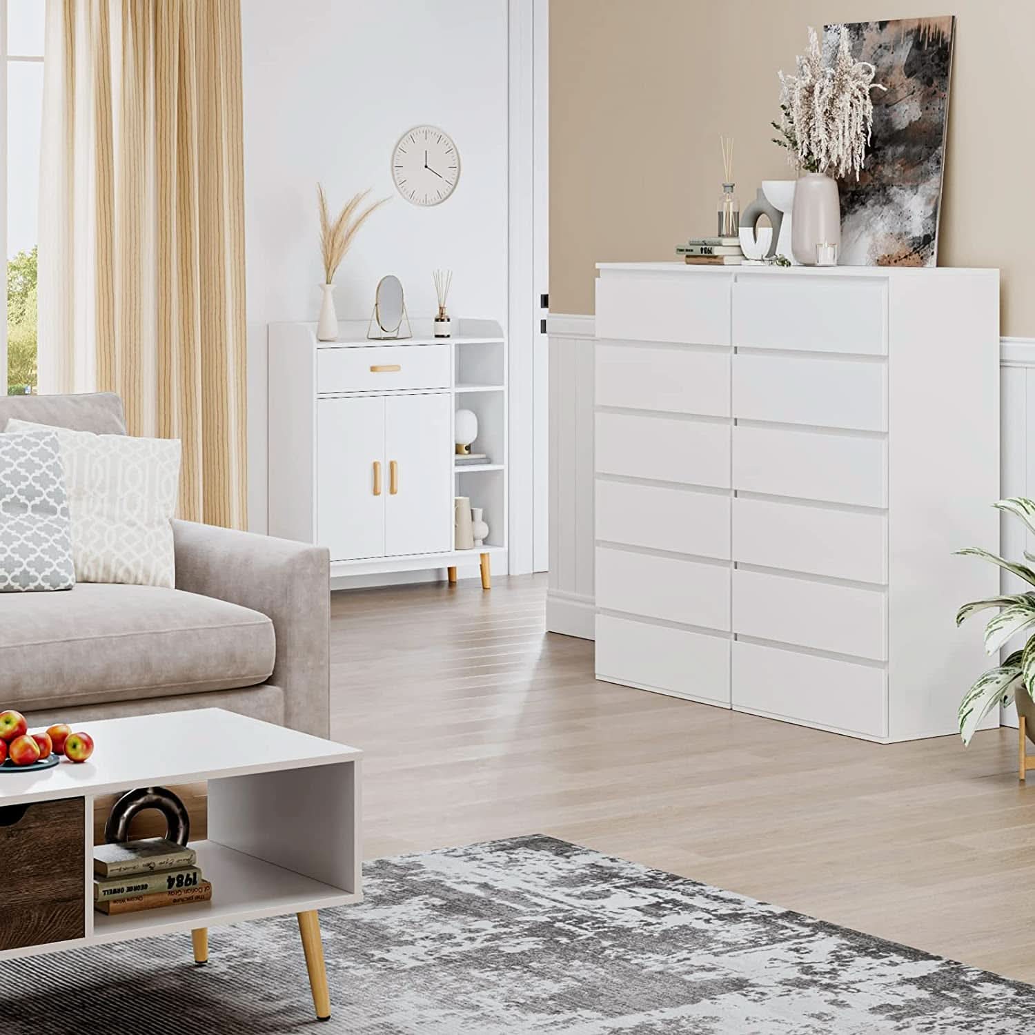 White Wooden 6 Drawer Bedroom Dresser With Sliding Rails