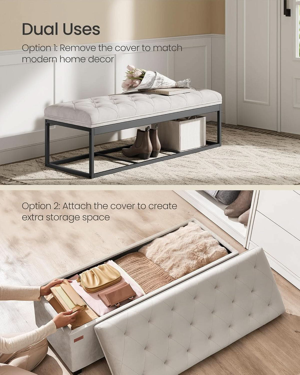 Cream Storage Ottoman Bench 43Inch Living Room Furniture