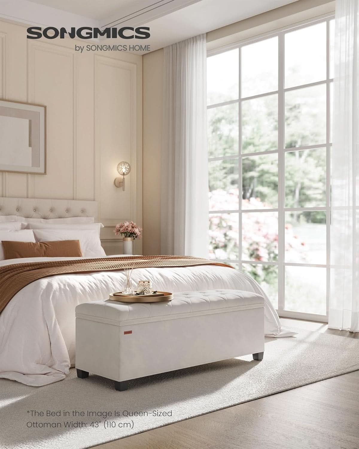 Cream Storage Ottoman Bench 43Inch Living Room Furniture