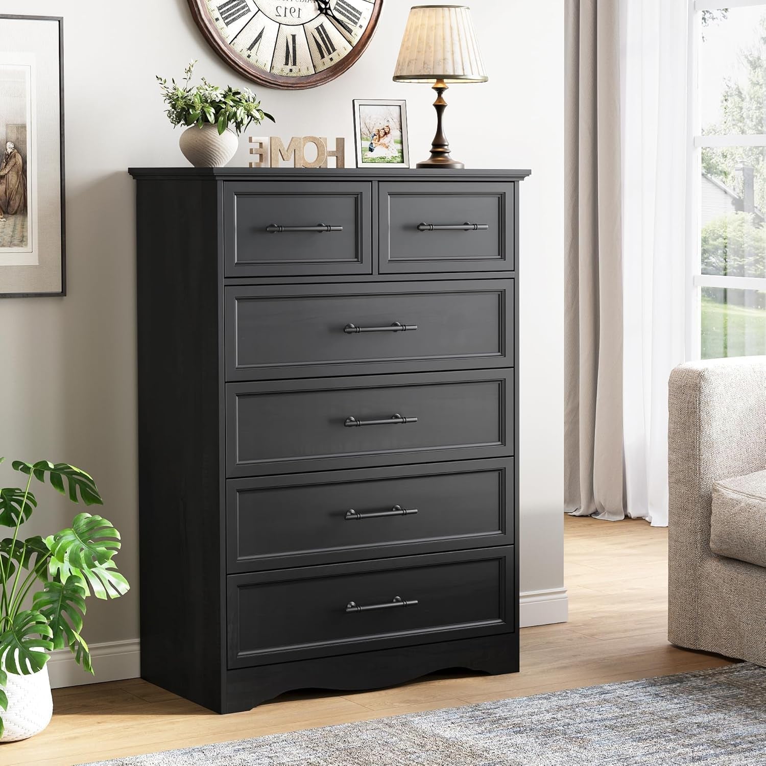 Black Farmhouse Dresser Six Drawer Bedroom Storage