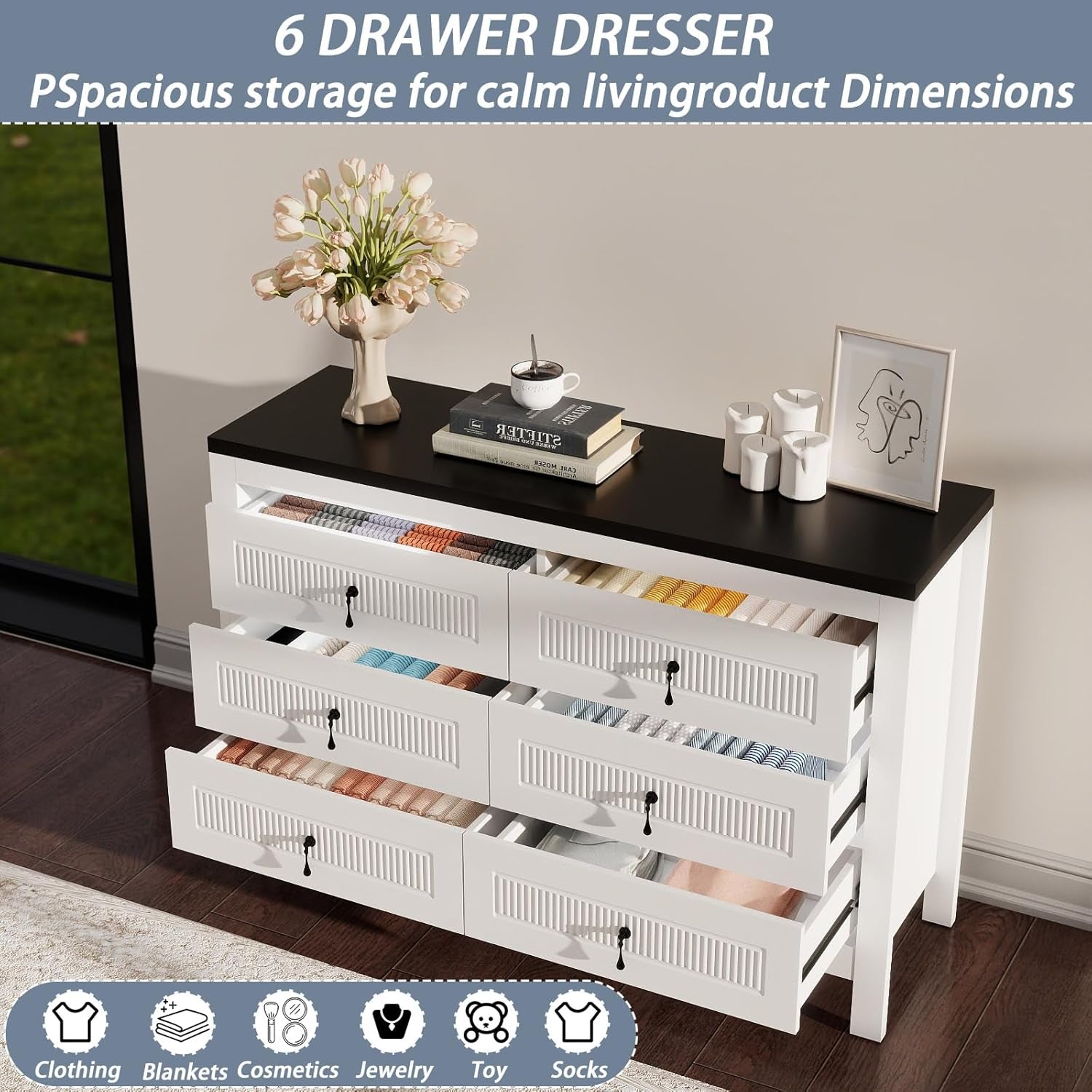 White 47 Inch Dresser For Bedroom Storage Organization