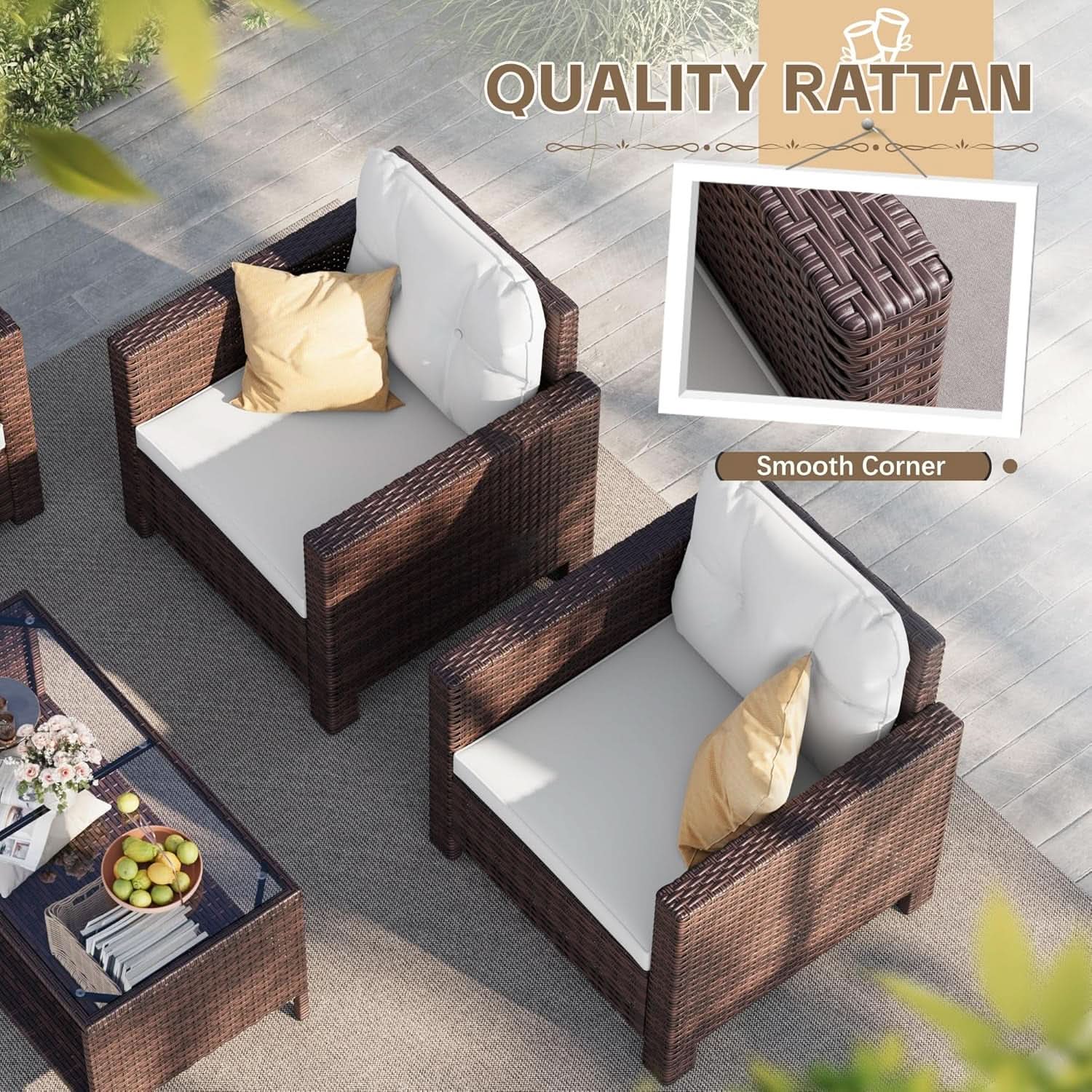4 Piece Patio Rattan Furniture Set Beige Cushions Outdoor