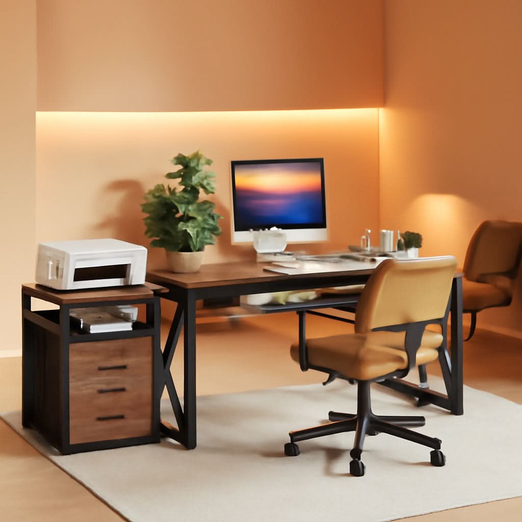 Rustic L Shaped Desk With Storage Cabinet On Wheels