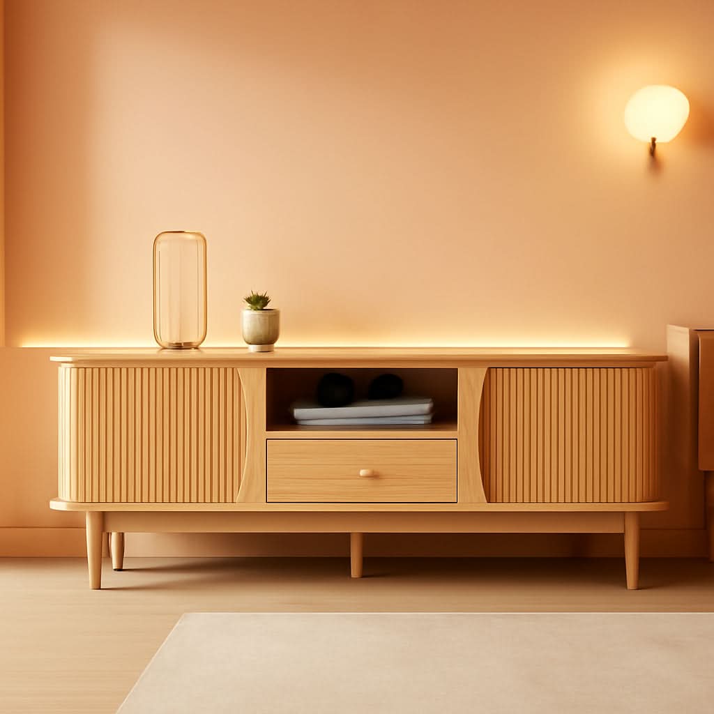 Natural Finish Entertainment Console With Sliding Door