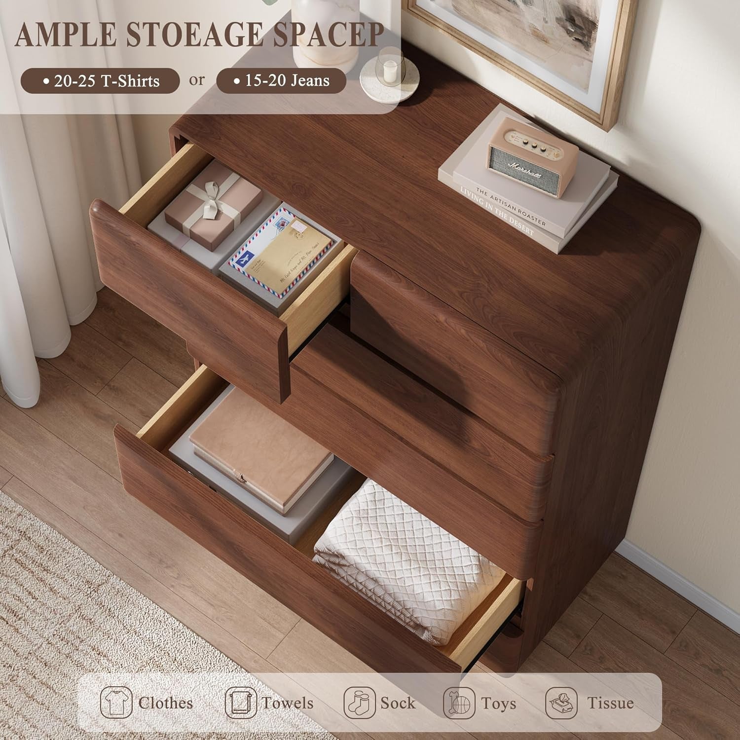 Walnut Six Drawer Dresser With Contemporary Profile