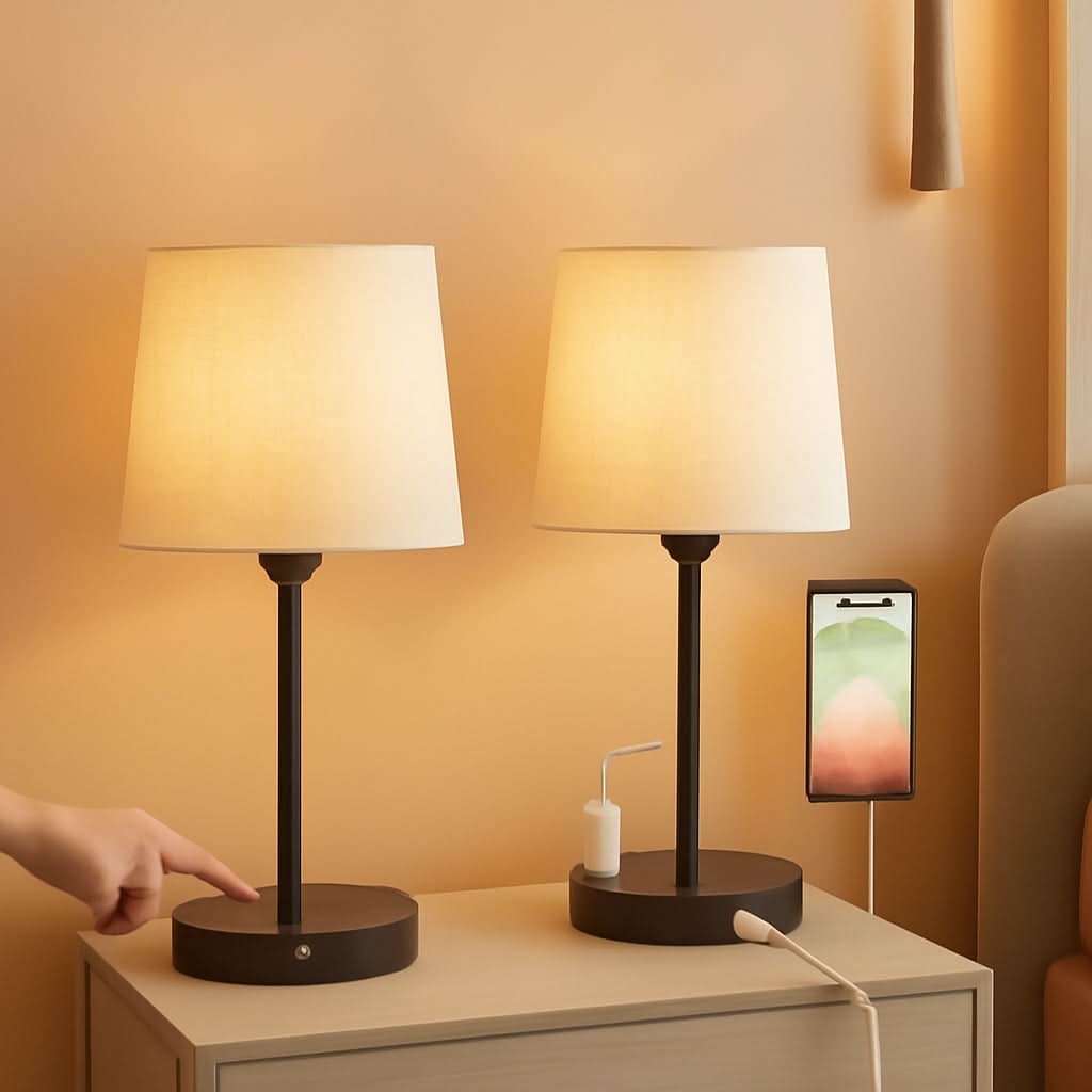 Set of 2 Mini Bedside Lamps With USB C And AC Outlets
