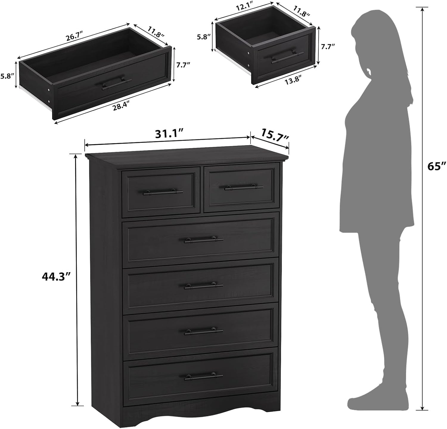 Black Farmhouse Dresser Six Drawer Bedroom Storage
