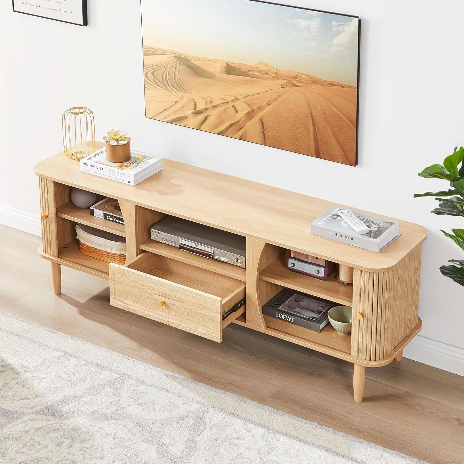 Natural Finish Entertainment Console With Sliding Door